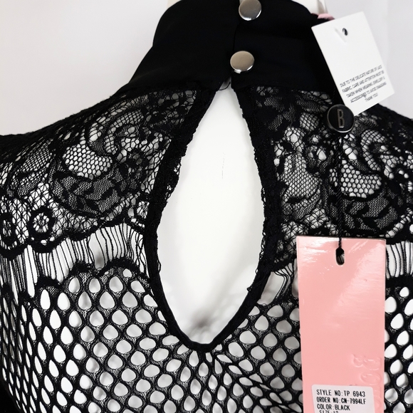 NWT $108 U.S. 8 Bohemian Bodysuit Black Sheer Lace Upper Keyhole Back Layering - Picture 2 of 8